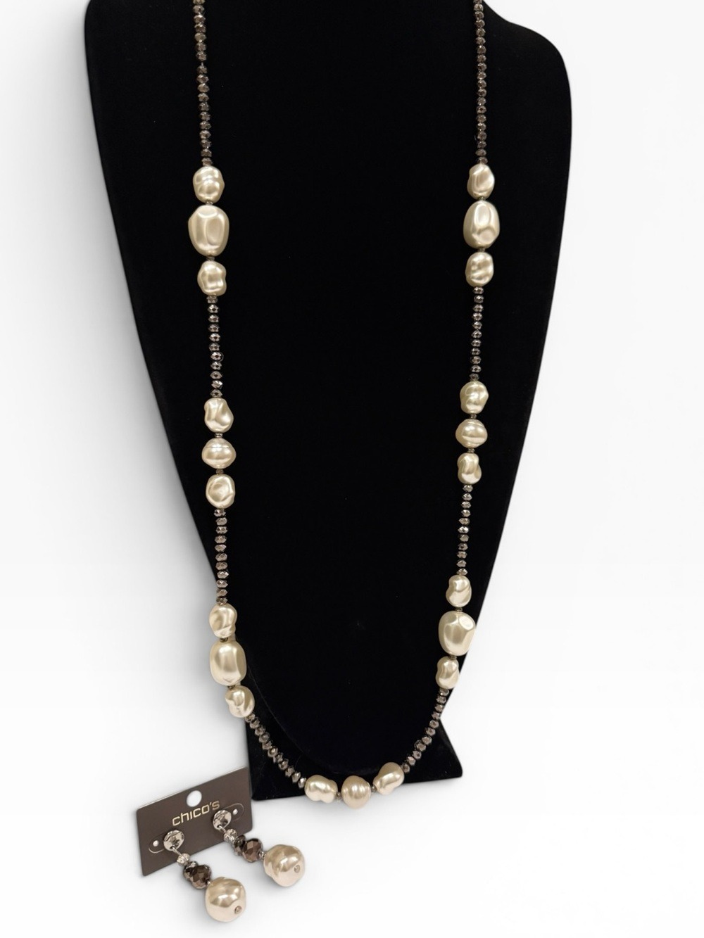 CHICO'S Pearl Black Crystal Necklace Earring Set